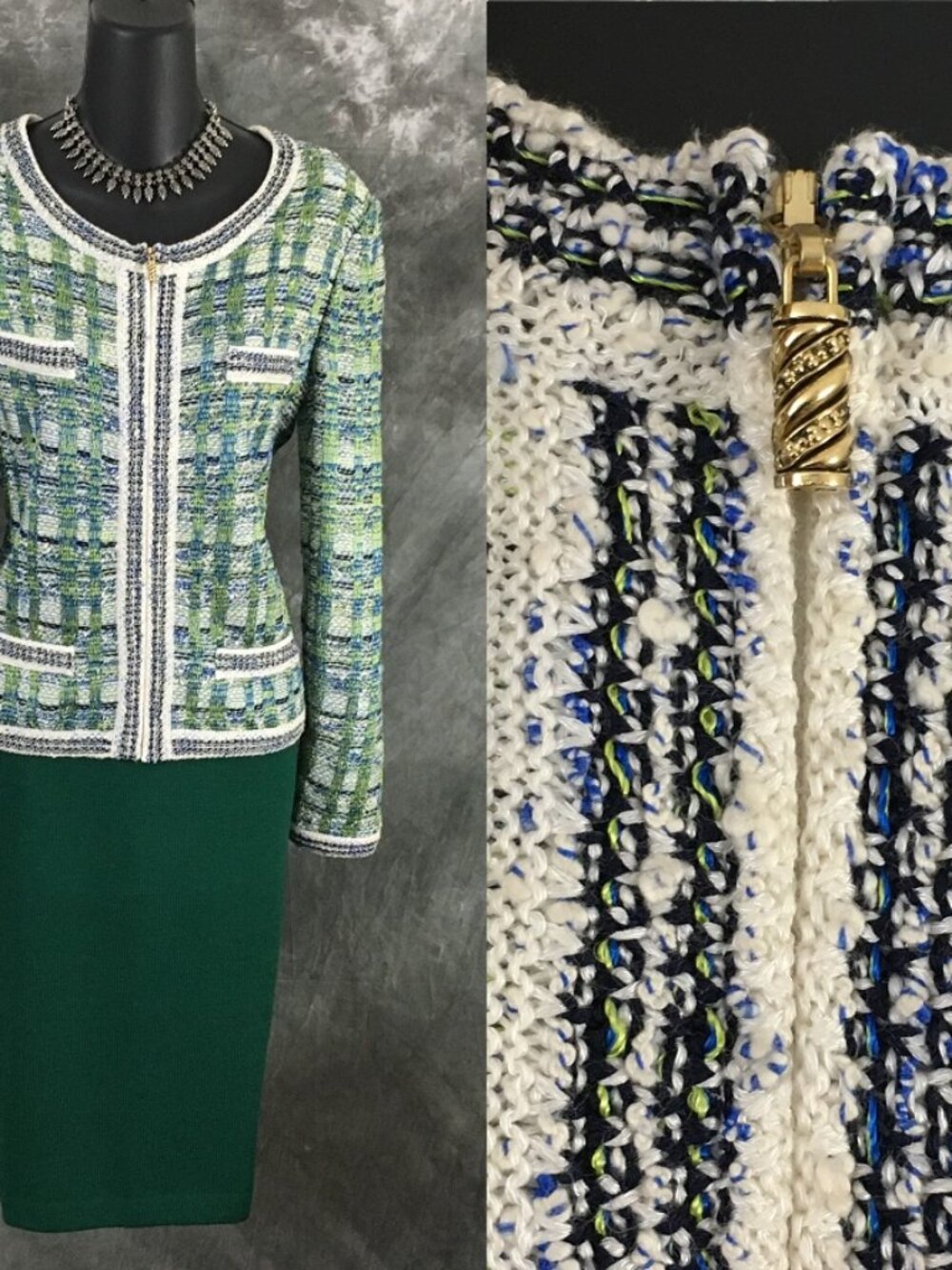 BEAUTIFUL St John collection knit green blue white multi jacket skirt suit 6